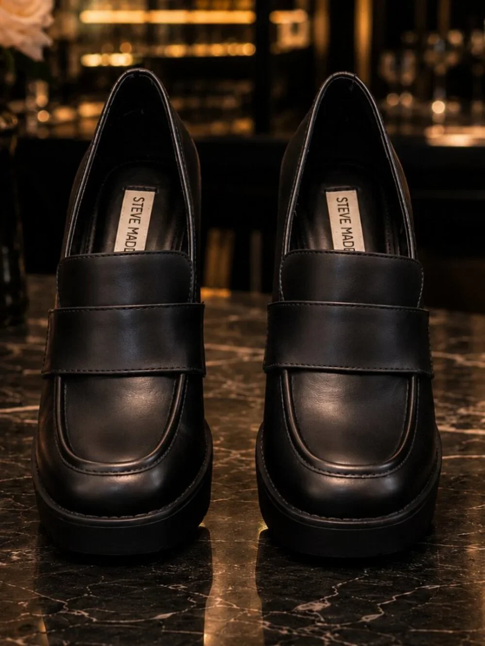 Steve Madden LAZRA Black Platform Block Heel Lug Sole Loafers | Size 6.5